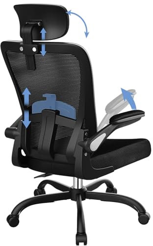 COMHOMA Bürostuhl Ergonomisch, Schreibtischstuhl mit Verstellbarer Kopfstütze, Armlehnen, Lendenwirbelstütze, Drehstuhl Wippfunktion, Chefsessel aus Mesh,Rückenschonend, Bürostuhl 120kg Schwarz