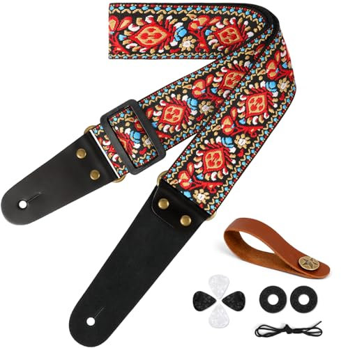 Aucuu Gitarrengurt, 2 Vintage bestickte Baumwolle Gitarrengurt, Verstellbarer Gitarrenband, Echtleder Enden für Bass Elektro Akustik, mit Gurtknopf 2 Gurtschlössern 4 Gitarrenplektren