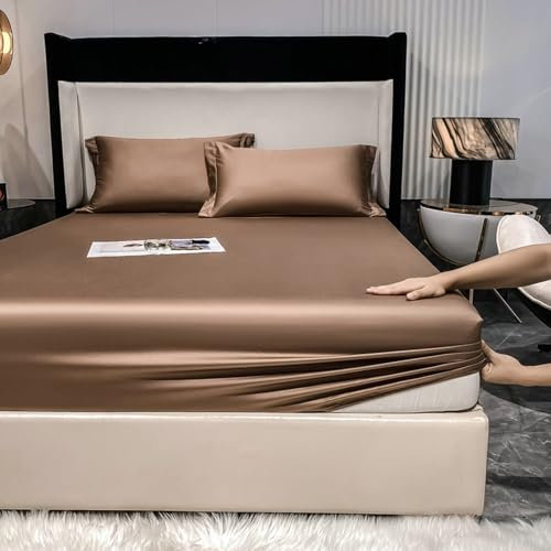 Epinki Betttuch 150x200cm Dünn, Spannbettlaken Wasserbett Einfarbig Kaffee Matratzenschutz, Baumwolle Bett Laken Bezug Unterbett als Schutz für Boxspringbett & Topper