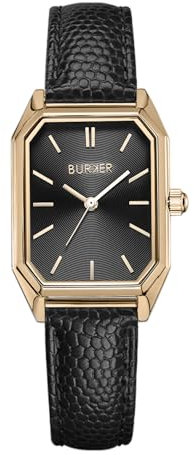 BURKER Damenuhr Isabell, Rechteckiger Damen Armbanduhr Lederarmband Edelstahl Analog Quarz 3-ATM Wasserdicht - 36 mm - Gold Schwarz/Schwarz Leder