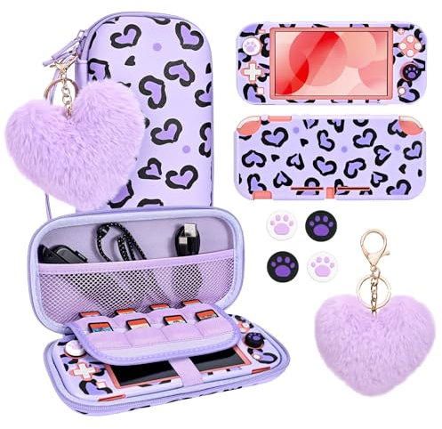 DLseego Carry Case for Switch Lite,Leopard Heart Theme Carry Travel Case with Protective Cover,4PCS Thumb Grip Caps and 1PC Plush Heart Charm,Purple