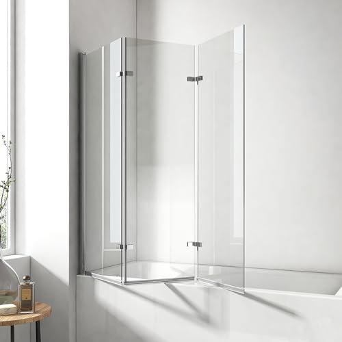 EMKE Duschwand für Badewanne 130x140 cm, Badewannenaufsatz 3-teilig Faltbar Badewanne Duschwand, Duschtrennwand für Badewanne Badewannenfaltwand 6 mm Sicherheitsglas Duschabtrennung Badewanne