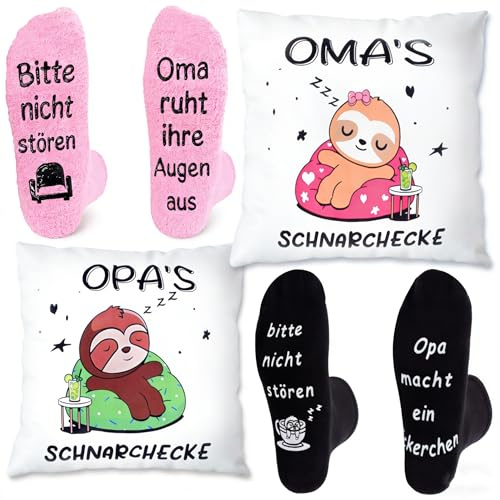 Charfia 4 Stück Oma und Opa Geschenk, Faultier Kissenbezug 45x45cm und Lustige Socken, Geschenk für Oma und Opa, Weihnachten, Geburtstagsgeschenk
