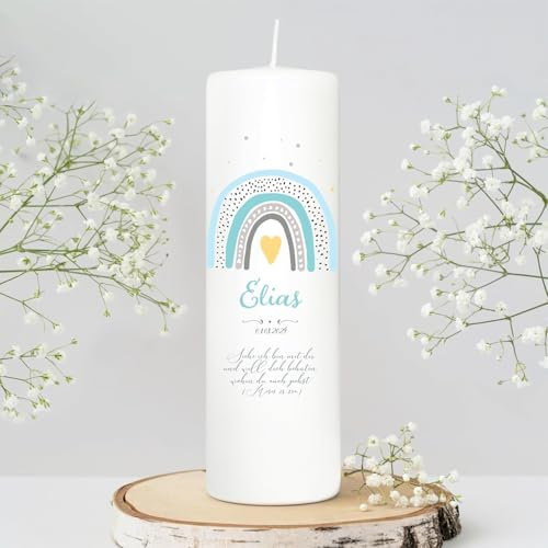 Wandtattoo Loft Taufkerze Junge Taufspruch, Motiv mit blauen Regenbogen, 25cm x 8cm, personalisierte Kerze, bedruckte Kerze zur Taufe, Stumpenkerze, Geburtskerze, individuelles Taufgeschenk