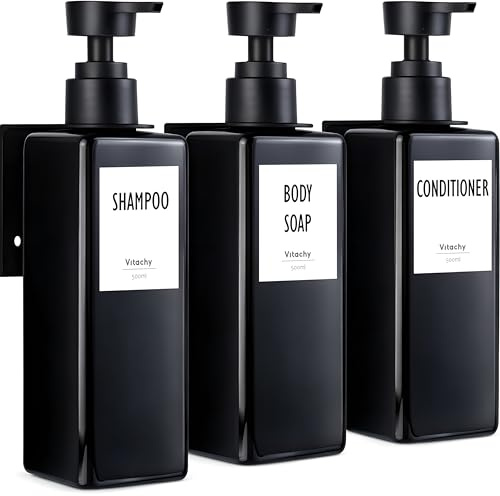 Vitachy Pack 3 Dispensadores Jabón Pared 500ml Negro - Gel y Champú | Fijación adhesiva sin taladro o con tornillos · Soporte de aluminio antioxidante para ducha y baño