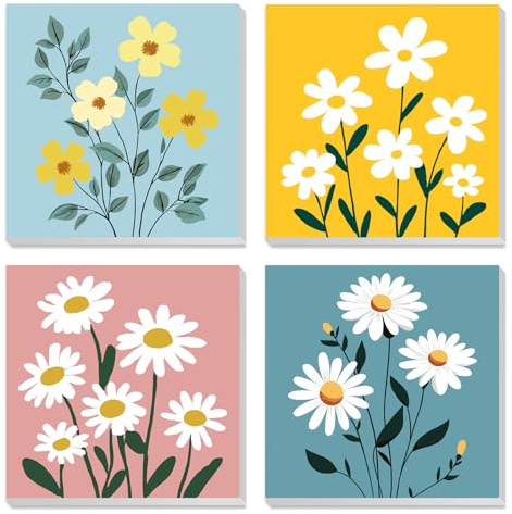 MXJSUA 4 Pack Framed Canvas Paint by Numbers for Kids Adults, Daisies Paint by Numbers Kit for Children Beginners, DIY Acrylic Painting Craft Kits for Home Wall Decor, 20x20cm