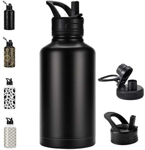 FOLAI Borraccia in acciaio inox, a prova di perdite, 2 l, con cannuccia, per adulti, grande palestra, senza bpa, adatta al lavaggio in lavatrice, per bevande gassate (nero)