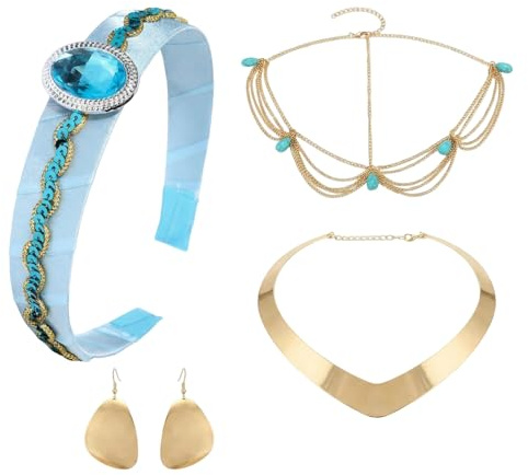 XDGBGFN - Accessoires de costume de princesse - Ensemble de bijoux pour femmes - Avec bandeau bleu, boucles d'oreilles en or, collier en or, chaîne frontale pour cosplay, carnaval, soirée à thème