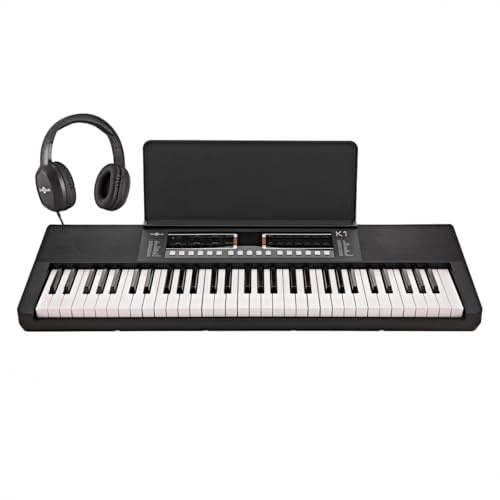 K1 Keyboard mit 61 Tasten von Gear4music im Bundle mit Kopfhörer | Anfänger-Keyboard mit 61 Tasten, über 300 Sounds/Rhythmen mit Pads, 32-fache Polyphonie, Lautsprecher und Kopfhörer inklusive