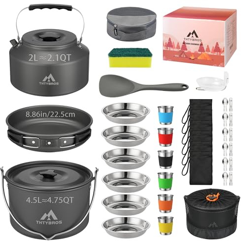 THTYBROS Kit de Cuisine de Camping 43 pièces en Aluminium Robuste pour 6 Personnes, avec Casserole, Bouilloire, poêle, gobelets et Vaisselle pour randonnée et Pique-Nique