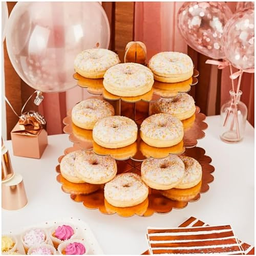 3 Tier Cake Stands for Afternoon Tea, Biodegradable Cupcake Stand Cardboard, Round Dessert Tower for Party,Birthday,Anniversary, Wedding,Baby Shower (Rose Gold 3 Tier Scallop Cake Stand)