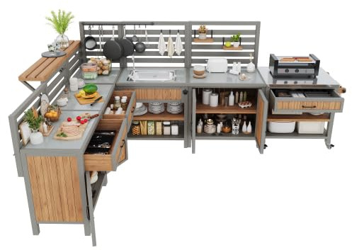 chellago Modulares Outdoor-Küchensystem mit Wasserbecken & Wasserhahn – Massivholz-Gartenschrank mit Edelstahl-Arbeitsplatte, Rollen & Flaschenöffner, erweiterbar für Balkon, Terrasse, Garten
