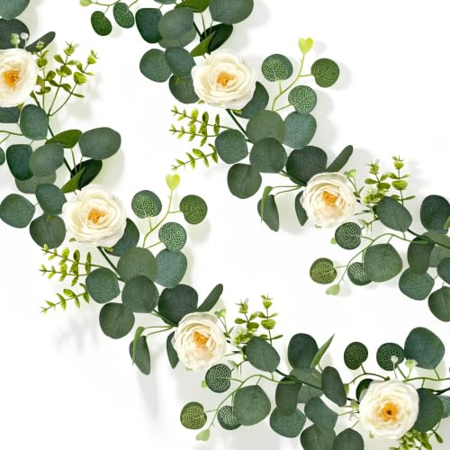 ROLLWAY 2 Stück Eukalyptus Blumen Girlande, Künstliche Blumengirlande 1,8m | Efeu Girlande mit Weiße Blumen Eucalyptus Blätter, für Tisch Bogen Hochzeit Konfirmation Kommunion Taufe Firmung Weihnachten
