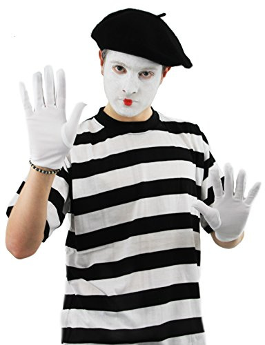 Mime Artist Fancy Dress Costume Kit 4 Piece Tshirt(Large)-Beret-Gloves-Face Paint.