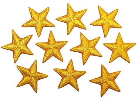 Yellow Star Patches > Pack of 10 > Embroidered > Hand Finished > Iron on > Crafts > Decorate or Repair Clothing > Reward Stars > 1 (25mm) from Point to Point
