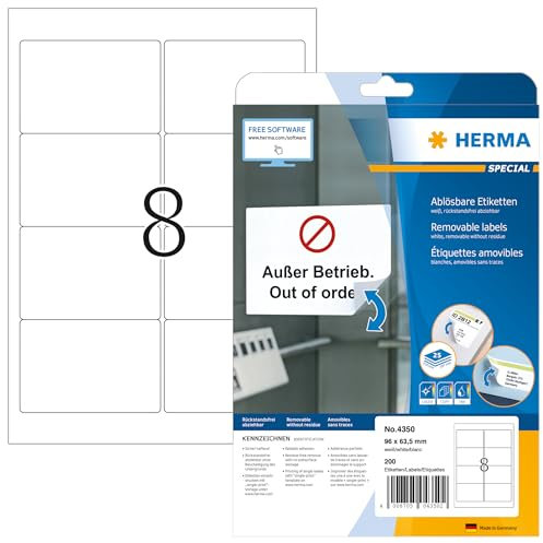 HERMA 4350 Universal Etiketten ablösbar, 25 Blatt, 96 x 63,5 mm, 8 pro A4 Bogen, 200 Stück, selbstklebend, bedruckbar, matt, blanko Papier Klebeetiketten Aufkleber, weiß