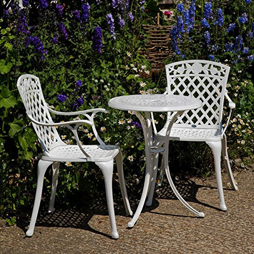 Lazy Susan Runder Ella Gartentisch in Weiß | 2 Rose Stühlen, Ohne Sitzkissen | Sandguss-Aluminium | Wetterfest | Rostfrei | Wartungsarm | 3 Jahre Garantie