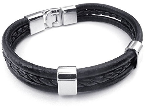 KONOV Lederarmband für Damen und Herren, Schwarz / silberfarben