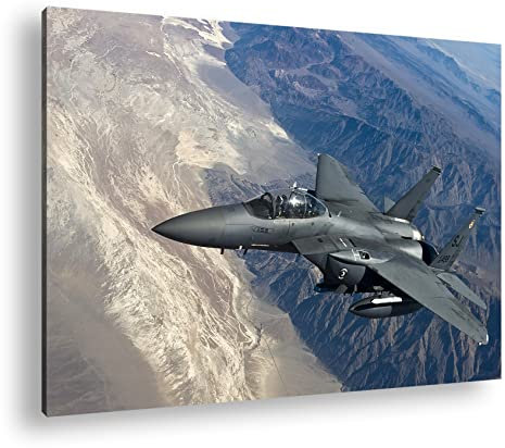 gewaltiger Kampfjet über den Bergen im Format: 120x80 als Leinwandbild, Motiv fertig gerahmt auf Echtholzrahmen, Hochwertiger Digitaldruck mit Rahmen, Kein Poster oder Plakat