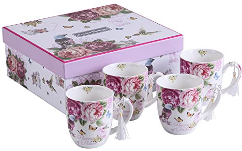 London Boutique k414 COFFEE CUPS Bird rose butterfly Kaffeetassen-Set aus feinem Porzellan, Shabby-Chic-Stil, Vintage-Retro-Flora, Geschenk für sie, 330 ml, Vogelrose, Schmetterling, 4 Stück