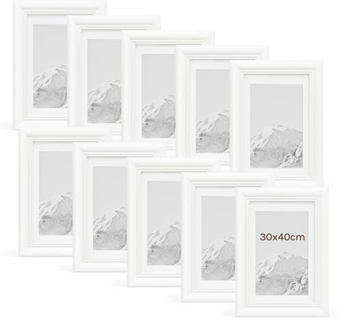 WOLTU Bilderrahmen 30x40cm 10er Set Fotorahmen Holzrahmen mit Passepartout, zum vertikalen oder horizontalen Aufhängen/Aufstellen, Posterrahmen Collage Wanddeko, Weiß