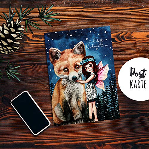 ilka parey wandtattoo-welt A6 Weihnachtskarte Postkarte Print Elfe Fee mit Fuchs im Winterwald Grußkarte Karte pk205