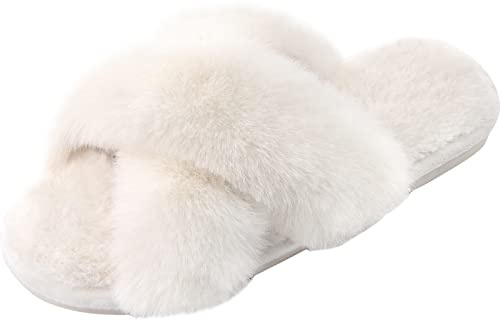 Parlovable Women's Fuzzy Cross Band Slippers, Memory Foam House Shoes with Anti-Slip Rubber Sole, Open Toe Plush Fleece Indoor Slippers for Ladies, Cozy Gifts for Women Off-white 9-10