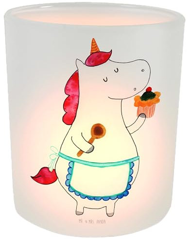 Mr. & Mrs. Panda Deko Windlicht Einhorn Küche - Geschenk, Windlicht Glas, Pegasus, träumen, Teelichthalter, Unicorn, Träumer, Muffin, Koch,