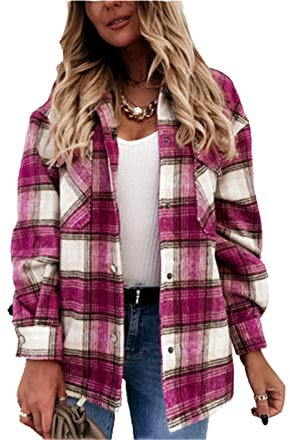 L&ieserram Surchemise Femme Veste à Carreaux Chemise Décontracté Oversized Chemisier Blouse Femme (B Rose, L)