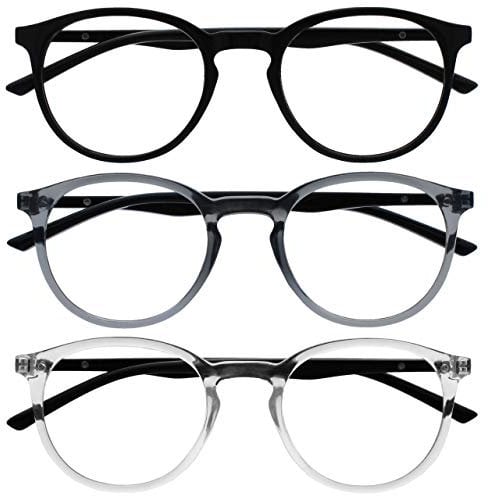 OPULIZE MET Blaulichtfilter Lesebrille für Damen Herren - 3er-Pack - Runder Brille - Blendfreie UV400-Schutz - Federscharniere - Anti-Müdigkeit - Schwarz Transparent Grau Klar +1.50