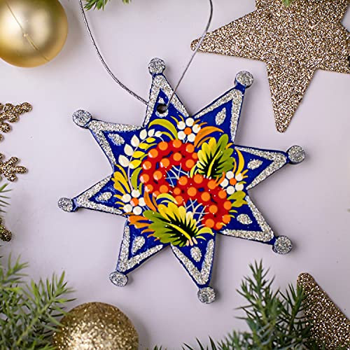 Christbaumschmuck Stern Blau-silberner Weihnachtsschmuck aus Holz Beidsetig Handbemalt 9 х 9 х 0.5 cm Traditionelles Kunsthandwerk aus der Ukraine