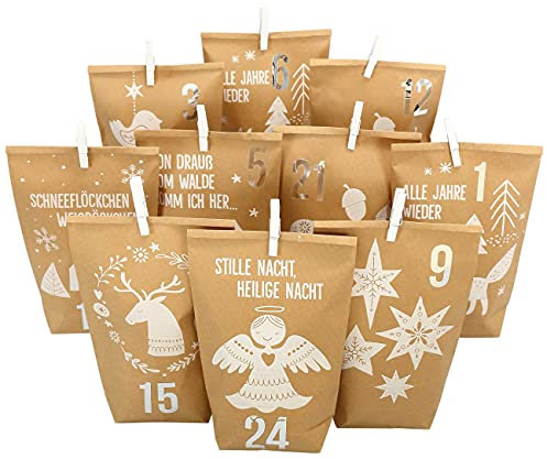 Papierdrachen Extravaganter Adventskalender zum Befüllen - mit 24 braunen Geschenktüten und 24 Zahlenaufklebern - Motiv Waldtiere weiß - zum Basteln und Verschenken - Weihnachten & Advent
