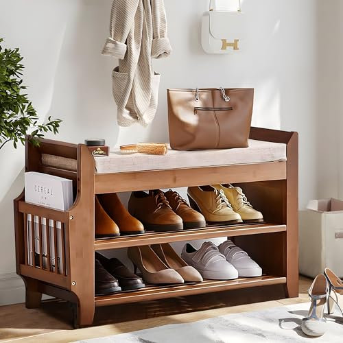 PETKABOO Shoe Bench 2 Tier Bamboo Shoe Rack Shoe Storage Bench Organizer for Entryway Hallway Living Room
