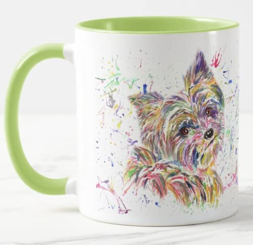 Vixar Yorkshire Terrier Yorkie Dog Pet Watercolour Rainbow Art Coloured Mug Cup Gift Birthday Work Office Christmas Tea Coffee (L Green)
