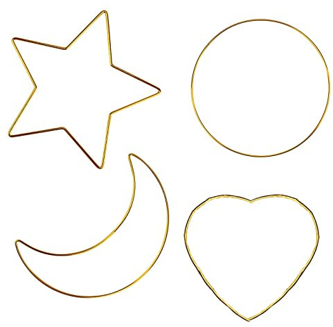 4 Stück Traumfänger Ringe, Runde Stern Mond Herzform Makramee Ringe, für Traumfänger, Makramee, Trockenblumen, Wanddeko Hochzeit Dekor, DIY Handwerk Basteln (Gold)