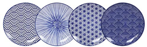 TOKYO Design Lot de 4 assiettes en porcelaine avec différents designs en bleu 20,6 cm