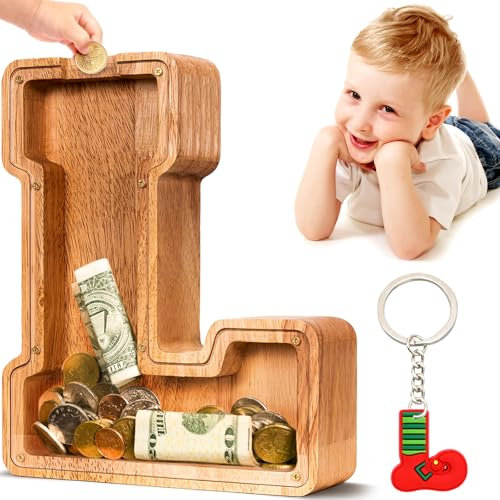 Summidate Spardose für Kinder Junge, Personalisiert Holz Großes Sparschwein, Unzerbrechliches Buchstabe A-Z Sparbüchse für Kinder Mädchen, Erwachsene, Geschenk&Dekoration
