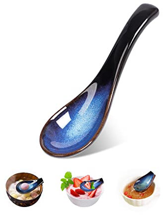 Cuchara de sopa de estilo japonés, cuchara de ramen de cerámica de 5.6 pulgadas, cucharas de sopa china, cuchara de sopa asiática azul, bola de masa hervida miso, apta para lavavajillas