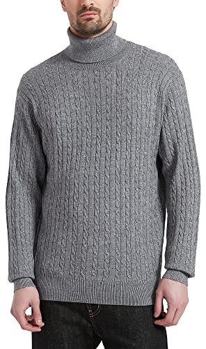 Kallspin Men's Wool Blended Turtle Neck Pullover Sweater Long Sleeve Cable Knit Jumper (Light Grey, XL)