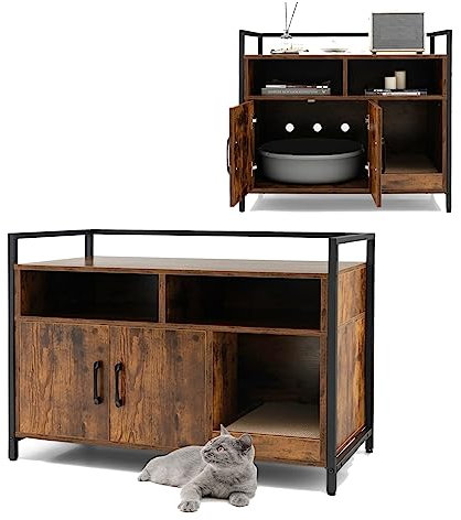 GYMAX Meuble Cache Litière Chat Grand en Bois, avec Griffoir Détachable, Maison de Toilette avec 2 Étagères Rangement Ouvertes, Maison Bon Ventilation et Anti-basculement pour Chat(Café)