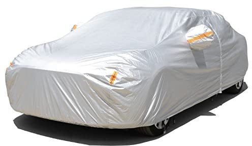 EDIMENS 6 Layers Car Cover Waterproof All Weather for Automobiles, Outdoor Full Cover Rain Snowproof Sun UV Protection with Zipper Cotton, Universal Full Car Covers for Sedan (194-208)3XXL Silver