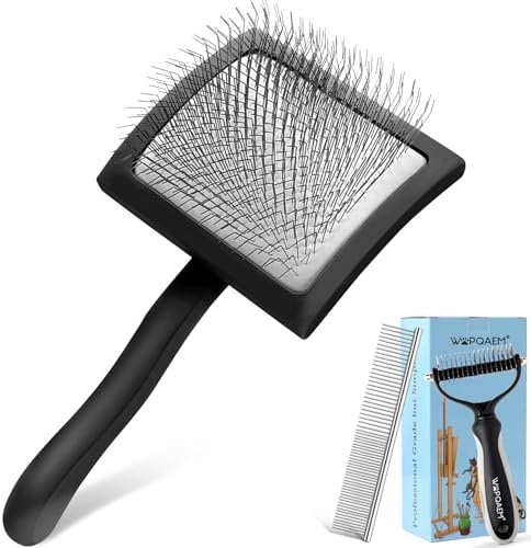 WOPQAEM Slicker Brush for Dogs, Long Pin Dog Grooming Brush for Goldendoodles, Poodles, Doodles, Includes Pet Comb & Undercoat Rake, Perfect for De-Shedding, Dematting & Reducing Tangles. Large, Black