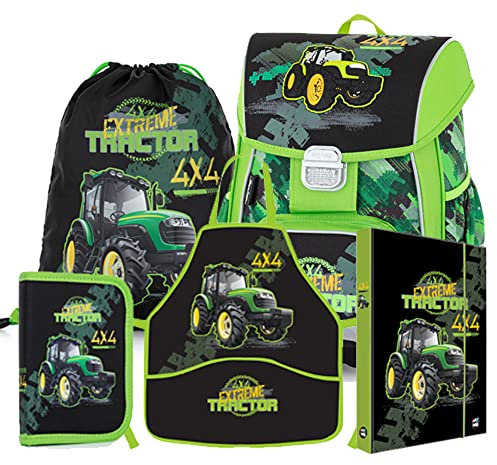 Traktor Schulranzen Ranzen Rucksack Schulrucksack Set mit Federtasche Bastelschürze Heftbox