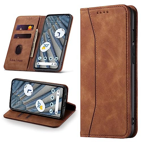 Leaisan Handyhülle für Google Pixel 7A Hülle Premium Leder Flip Klappbare Stoßfeste Magnetische [Standfunktion] [Kartenfächern] Schutzhülle für Pixel 7A Tasche - Braun