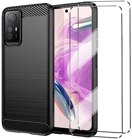 HuiYouMY [3 in 1] para Redmi Note 12S Funda + 2 x Cristal Templado - Black Carcasa y Cristales Protector de Pantalla TPU Silicona Suave Gel Caja Cover Tapa Caso Carcasa Cubierta -Black