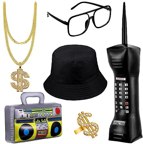 Hsthe Sea Hip Hop Kostüm Kit enthält Golden Baseball Cap Aufblasbare Boombox Faux Gold Kette 80er Jahre 90er Jahr Rapper Zubehör, Cool Rapper Outfits Kostümzubehör