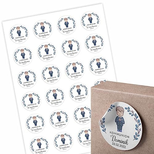 24 Stück Aufkleber Kommunion- Personalisierte Aufkleber mit Namen Datum für die Geschenke Ihrer Gäste 4,5 cm Runde Papieraufkleber Etiketten für Tischdeko, Flaschen, Tüten, Einladungskarte
