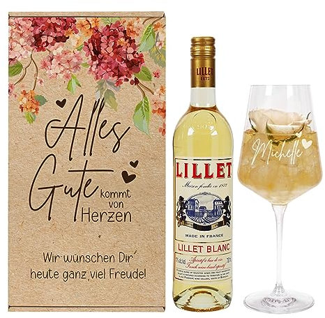 Herz & Heim® Von Herzen alles Gute - Geschenkset mit graviertem Leonardo Weinglas und einer Flasche Lillet Blanc