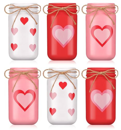 Irenare 6 Pcs Valentine's Day Mason Jar Centerpieces for Table, 16 oz Heart Painted Mason Jars Vases Farmhouse Rustic Shelf Tiered Tray Decor for Valentine's Day Wedding Gift Storage Decoration