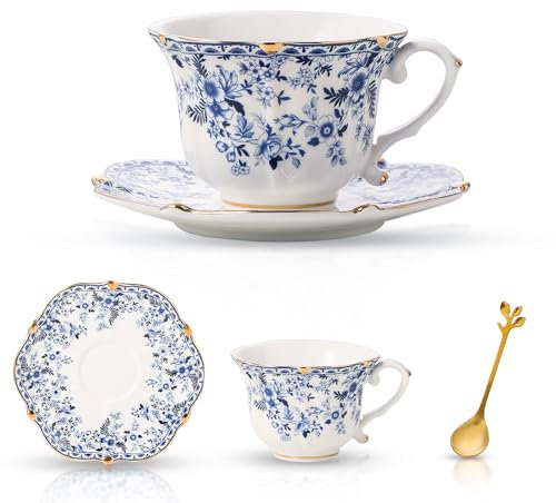 TATSUMI Country Roses - Set di 3 tazze da tè e piattino, in porcellana Bone China, set da tè vintage inglese per donne e tea party